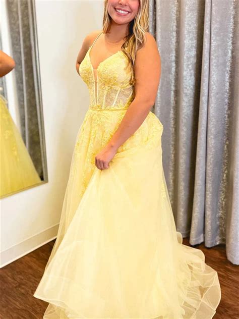 A Line V Neck Yellow Long Prom Dresses With Lace Appliques V Neck Yel