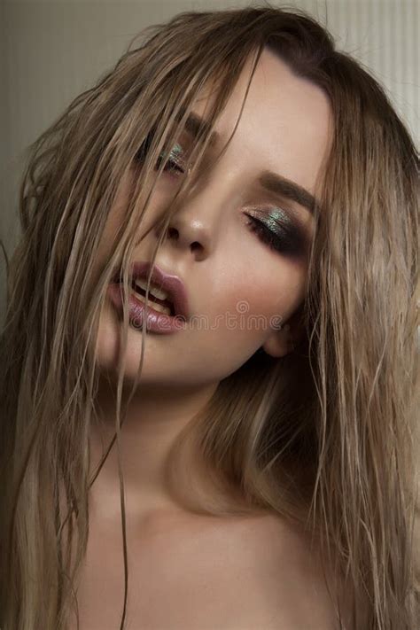 Closeup Portrait Of Tender Blonde Lady With Wet Hair Posing Wit Stock Photo Image Of