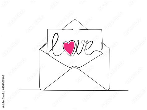 Vecteur Stock Continuous Line Drawing Of Envelope With Red Heart