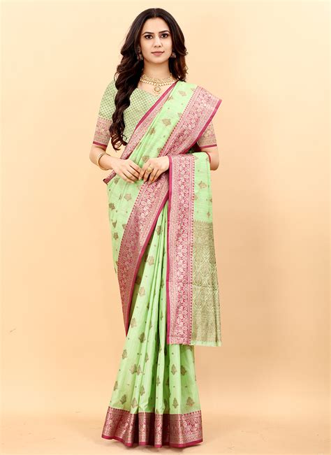 Buy Pista Green Slub Silk Party Wear Weaving Saree Online From