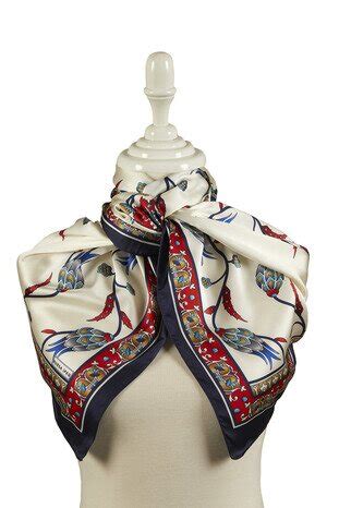 Red Navy Blue Row Tulip Pattern Wide Silky Foulard