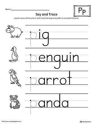 Say and Trace: Letter P Beginning Sound Words Worksheet ...