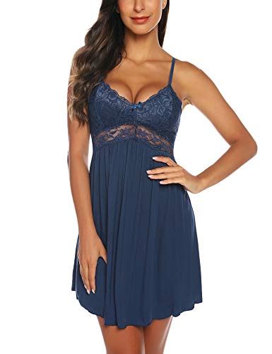 RSLOVE Lingerie For Women Nightgown Sexy Sleepwear Chemise Full Slip Lace Lounge Dress Blue S