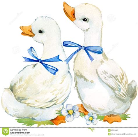 Two White Ducks With Blue Bows On Their Heads And Flowers In The