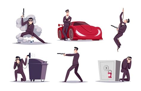 Premium Vector Secret Agent Spy Characters In Action Poses Policeman