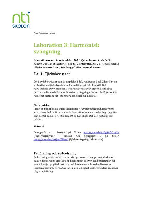 Laboration Harmonisk Sv Ngning Hemma Fysik Laboration Hemma