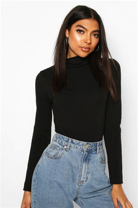 Womens Black Tall Roll Neck Bodysuit Boohoo Uk