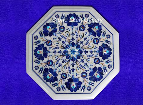 Marble Corner Table Top Semi Precious Stones Handmade Lapis Inlay Work