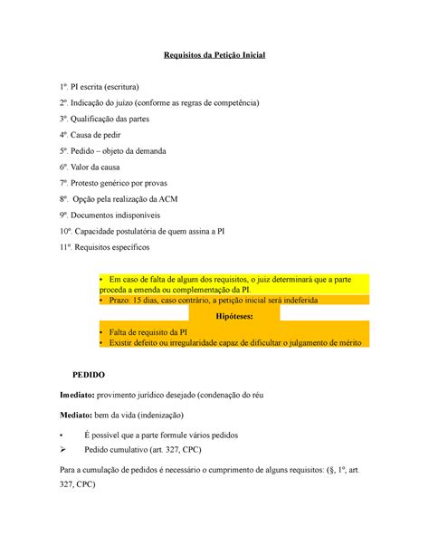 Requisitos da Petição Inicial PI escrita escritura 2º Indicação do