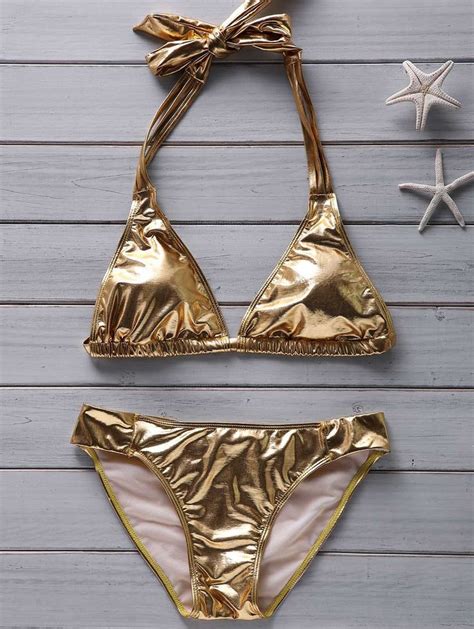 Fashionable Women S Halter Beach Gold Metallic Bikini Golden Xl