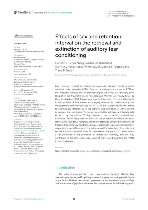 Pdf Effects Of Sex And Retention Interval On The Retrieval And Extinction Of Auditory Fear