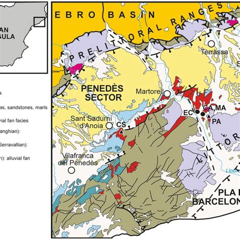 Schematic geological map of the Vallès-Penedès Basin indicating the... | Download Scientific Diagram