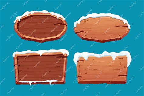 Premium Vector Set Old Wooden Blank Signboard With Snow In Cartoon Style