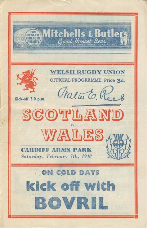 WALES V SCOTLAND 1948 RUGBY PROGRAMME - Wales Rugby Union Programmes ...