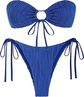 Amazon Zaful Tie Side Textured Metal Hardware Ring Bandeau Bikini Swimwear Deep Blue