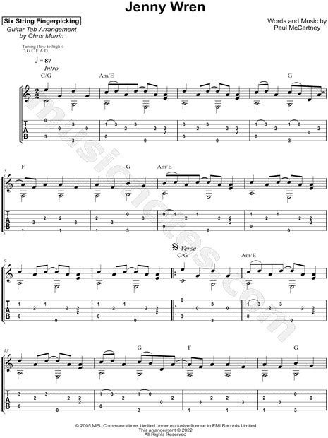 Six String Fingerpicking Jenny Wren Guitar Tab In C Major Download