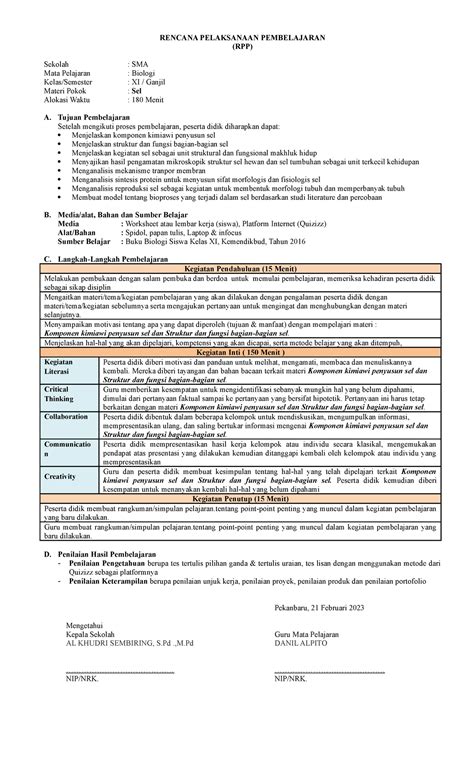 Contoh Rpp Biologi Iya Rencana Pelaksanaan Pembelajaran Rpp