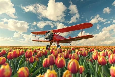 Premium Photo Vintage Biplane Flying Over A Field Of Colorful Tu