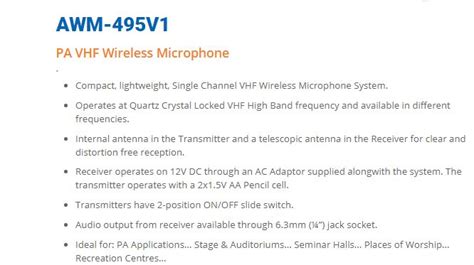 Ahuja Awm 495v1 Wireless Microphone Publicaddresssolutions