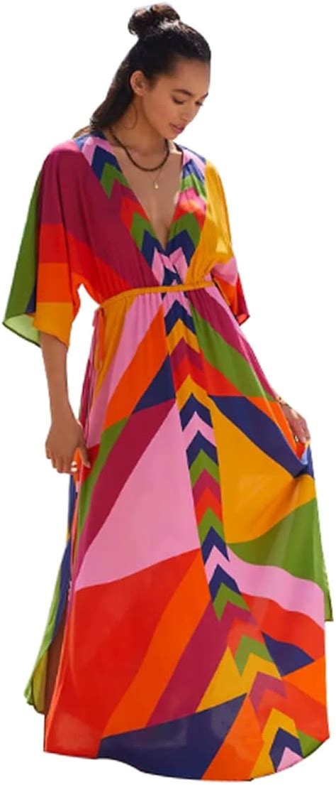 Xivisto Damen Strandkleid Kaftan Lange Strandponcho Sommer Boho Maxikleid Pareo Tunika Bikini