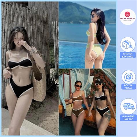 Bikini đồ bơi mảnh nữ áo quây viền trắng dây viền trắng Shopee Việt Nam