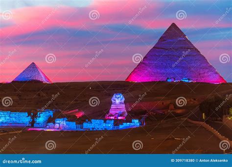 The Pyramid of Egypt and the Great Sphinx Night View in the Lights ...