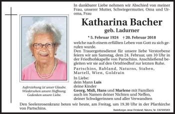 Traueranzeigen Von Katharina Bacher Trauer Bz