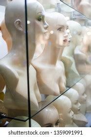 Naked Female Mannequins Shop Window Closeup Stock Photo