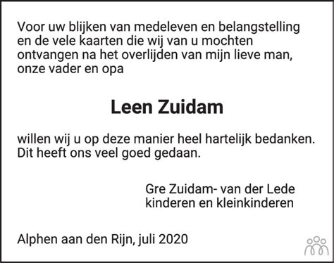 Leendert Leen Zuidam Overlijdensbericht En Condoleances