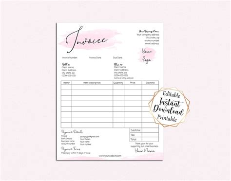 Watercolor Pastel Pink Printable Small Business Invoice Add Your Logo