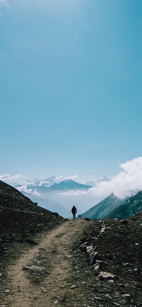 Wallpaper Mountains, sky, clouds, path, person 5120x2880 UHD 5K Picture