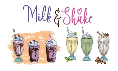 Set Different Milkshakes Chocolate Cherry Strawberry Vanilla Orange