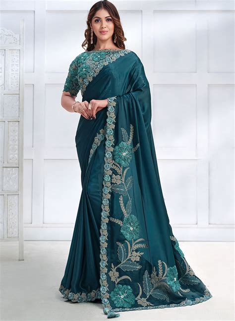 Teal Crepe Satin Silk Designer Saree Sarees Designer Collection