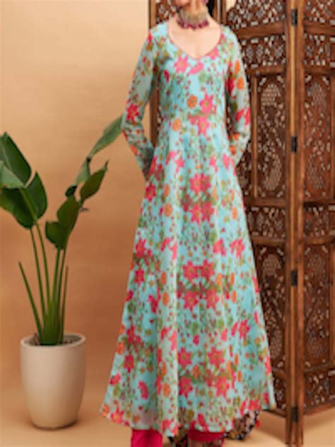 Buy Shae By Sassafras Blue Pink Floral Printed V Neck Chanderi Silk