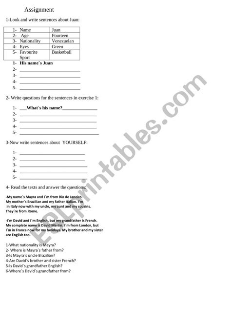 English Worksheets Elementary Assignment