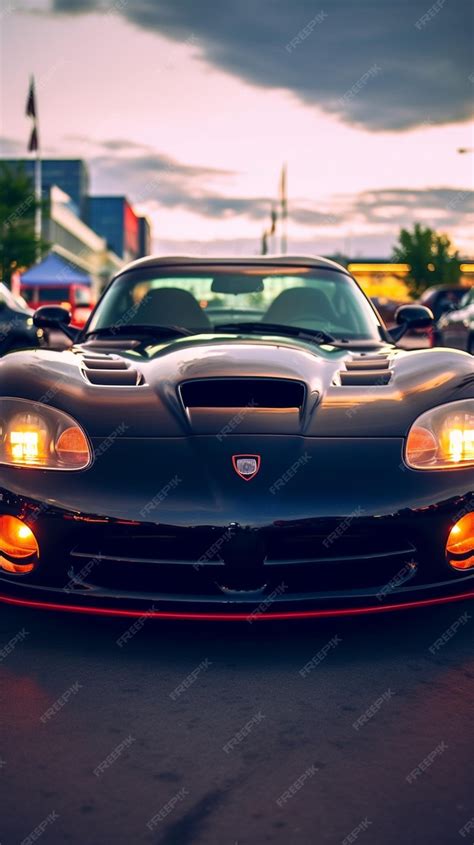 Premium Ai Image A Black Dodge Viper With The Headlights On