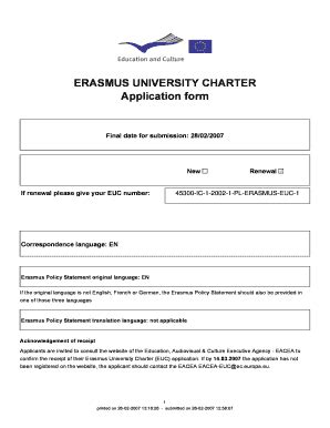 Fillable Online Erasmus University Charter Application Form Fax Email