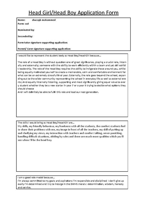 2. HB HG Application Form - Head Girl/Head Boy Application Form Name