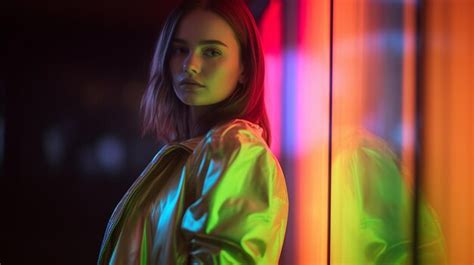 Premium Ai Image A Woman Stands In Front Of A Colorful Neon Light