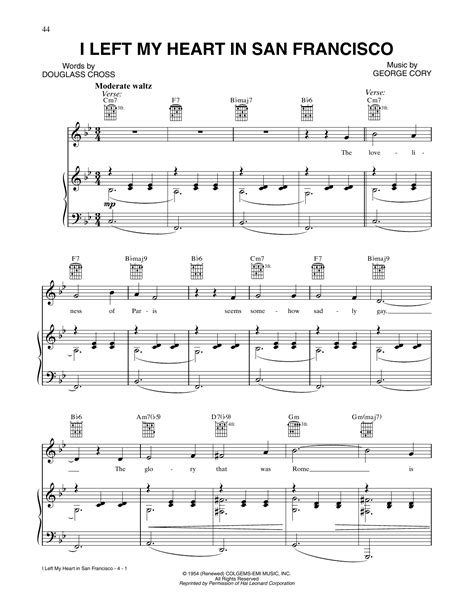 I Left My Heart In San Francisco By Tony Bennett Sheet Music For Piano