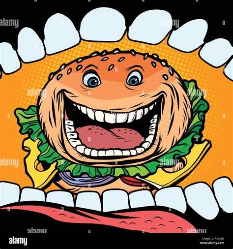 Burger goes in mouth. fast food. Comic cartoon pop art retro vector ...