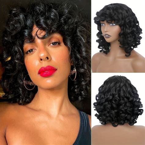 Short Kinky Curly Afro Wig With Bangs For Women Girls Heat Resistant