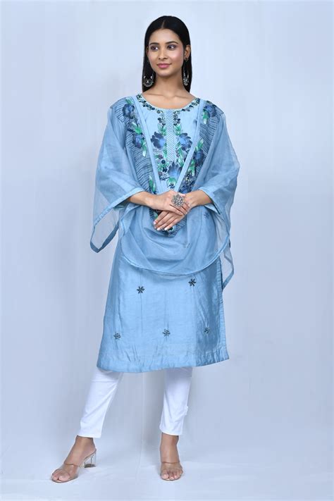 Buy Blue Kurta And Pant Dola Silk Embroidery Floral Flower Vine Yoke