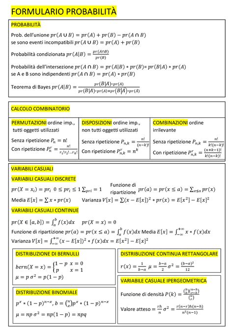 Formulario Probabilita Corso Economia Aziendale Docsity