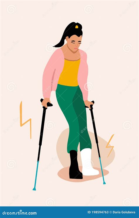 Young Woman with Broken Leg.Girl with Orthopedic Cast Walking Using ...