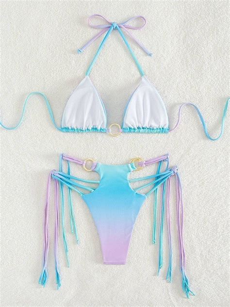 Emmiol Free Shipping 2023 Printed O Ring String Bikini Set Blue S In