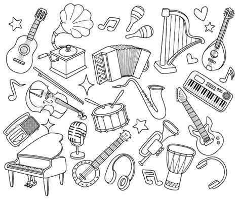 Conjunto De Doodle De Instrumento Musical Vetor Premium