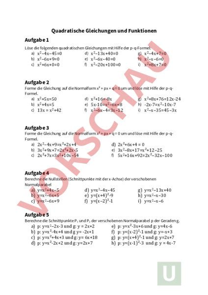 Arbeitsblatt Übungen zu Quadratischen Gleichungen und Funktionen