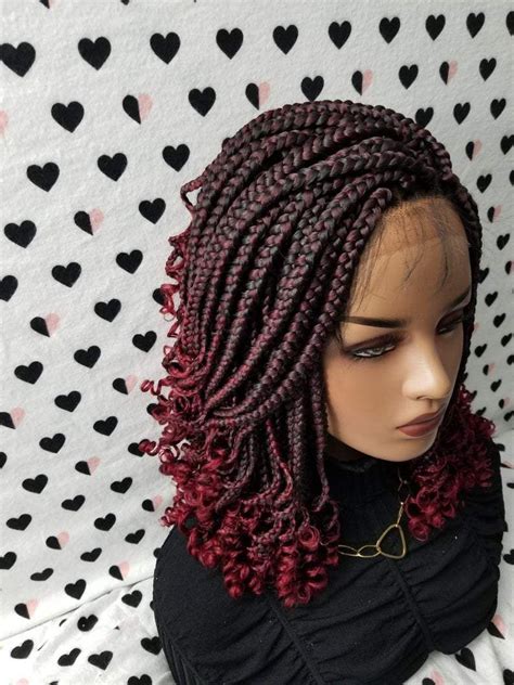 Handmade Box Braid Braided Lace Front Wig With Curly Ends Color B Bug