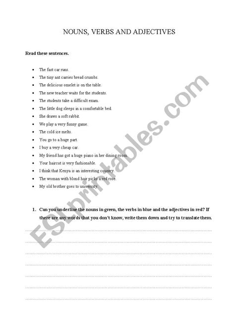 Noun Verb Adjective Worksheet